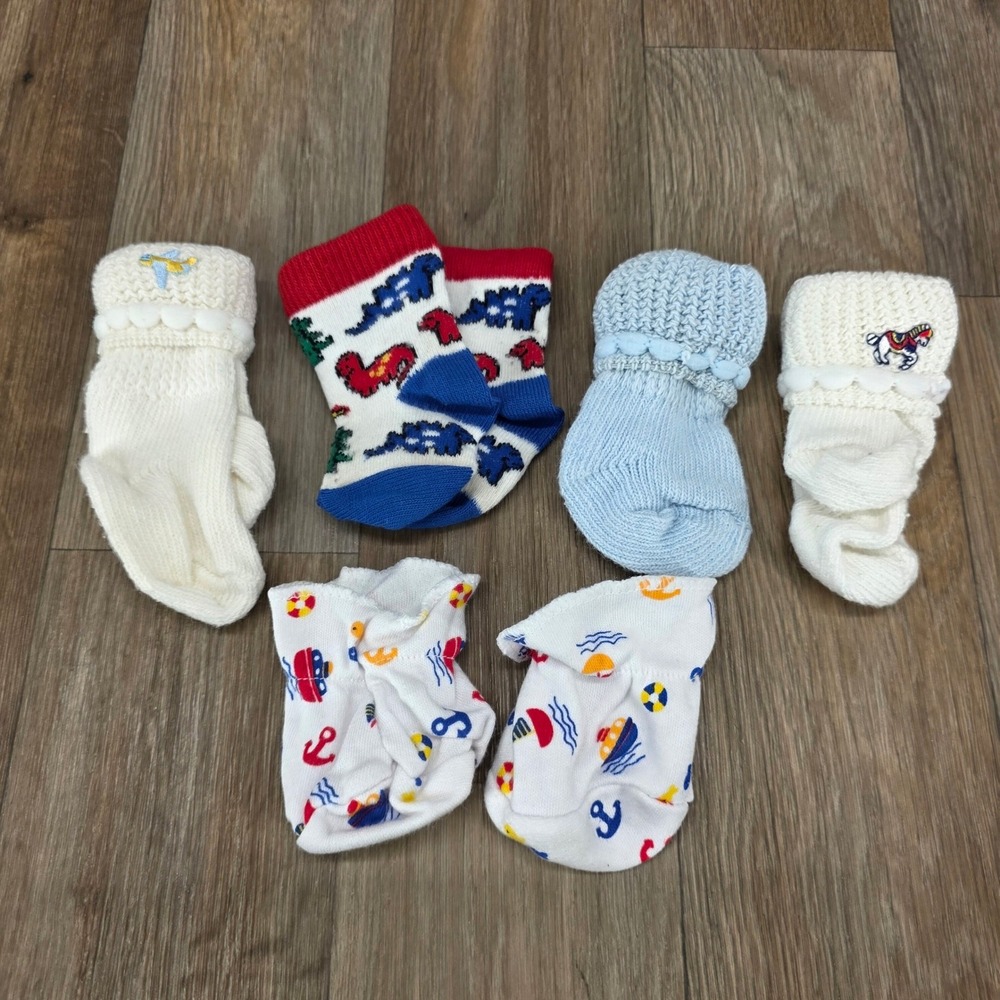 Vtg Baby Boy Sock & Mitten Lot 5 Pairs Dinosaur Nautical Airplane Knit Booties